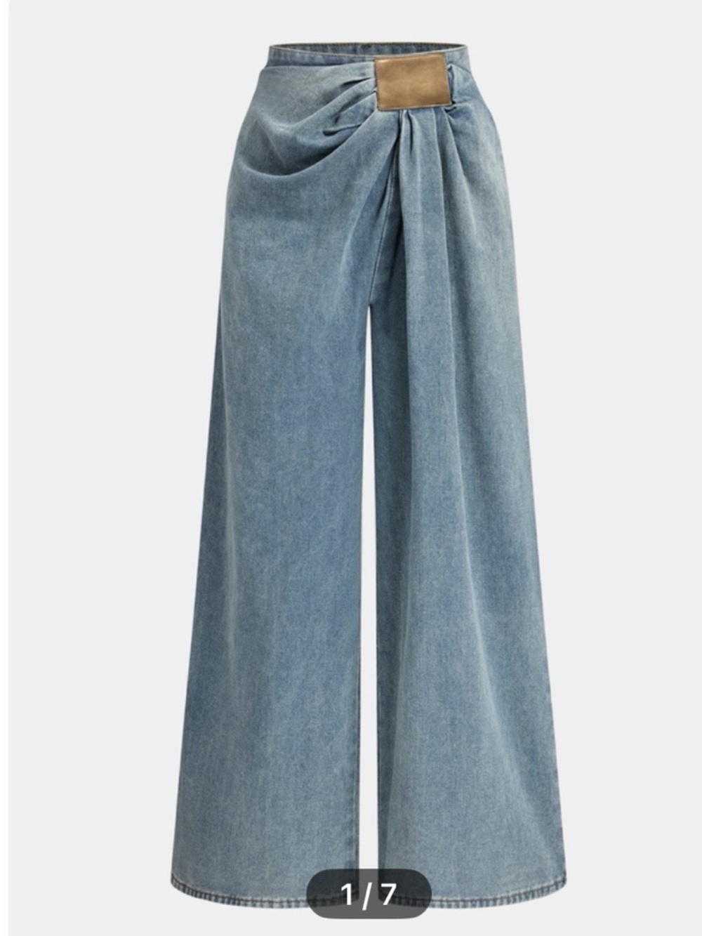 Commense Light Blue Wide-Leg Jeans with Draped Front and Tan Patch